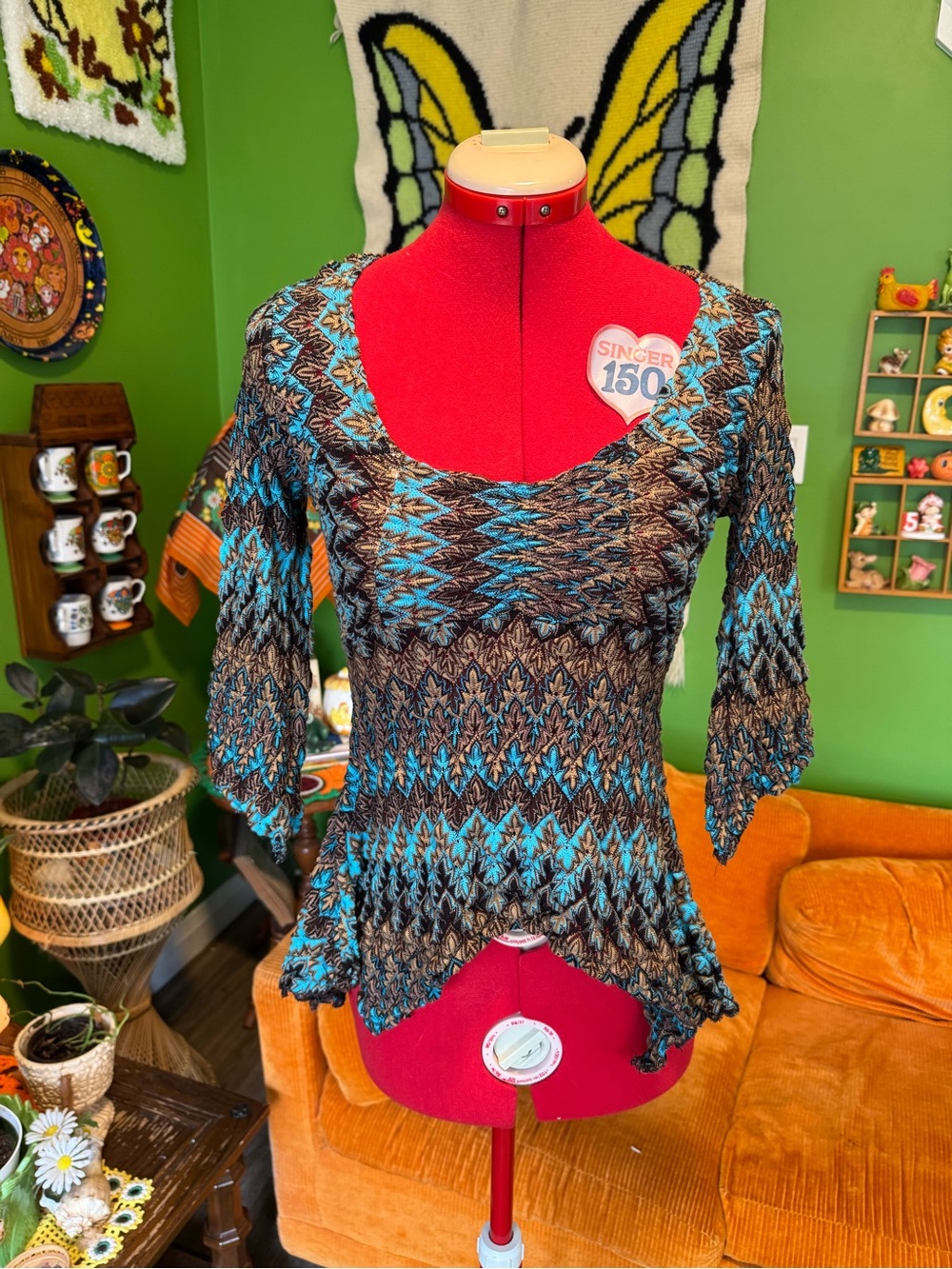 Boho Chevron Knit Scoop Neck Top in Turquoise and Brown